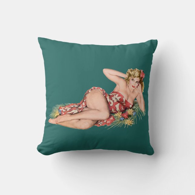 pinup girl pretty blonde wearing sarong + hibiscus throw pillow (Front)