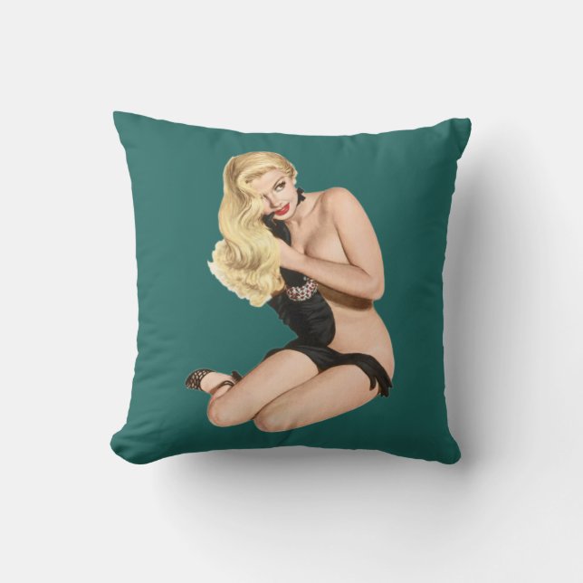 Pinup girl wearing nothing but black gloves  heels throw pillow (Front)