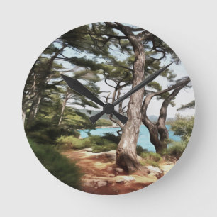 Pinus pinea Pine Tree Forest Painting  Round Clock