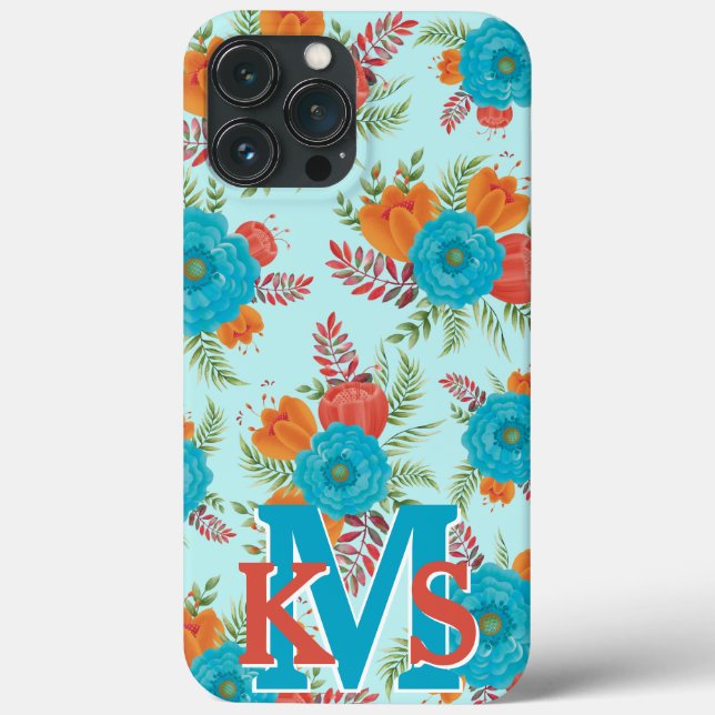 Pioneer Teal Coral Monogram iPhone 13 Pro Max Case (Back)