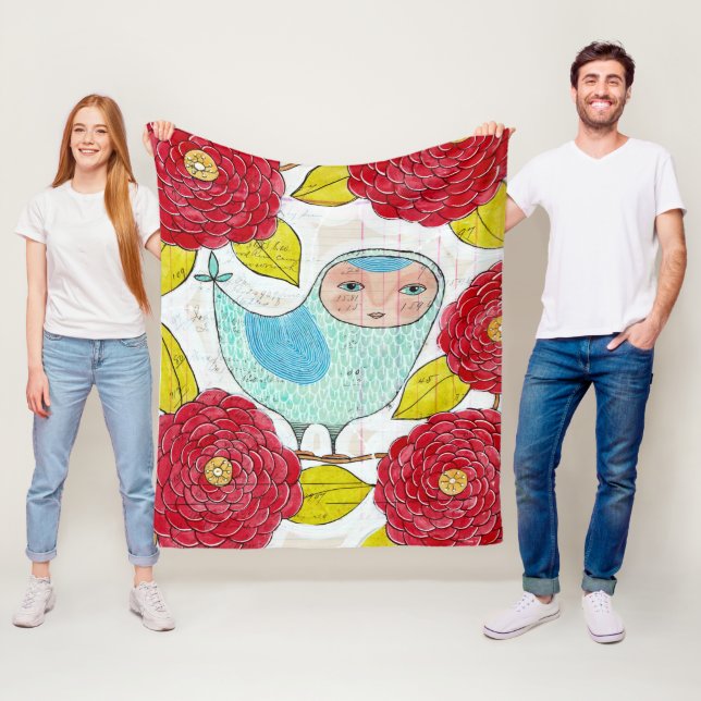 Pip Gerard Ink Bird in Garden Ledger Illustration Fleece Blanket (In Situ)