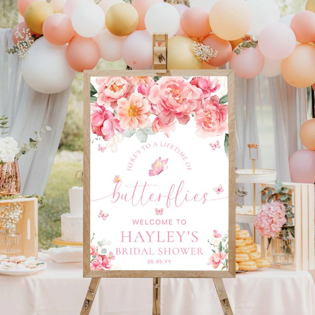 Piper Peony Butterflies Bridal Shower Welcome Poster (Lifetime of Butterflies Bridal Shower Welcome Sign Piper Peony)