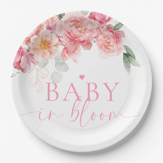 Piper Peony Floral Baby In Bloom Baby Shower Paper Plate (Front)
