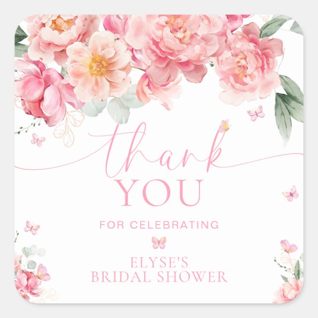 Piper Peony Floral Butterfly Thank You Favour Square Sticker (Front)