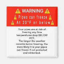 Pipes Freeze at Temp Warning Magnet
