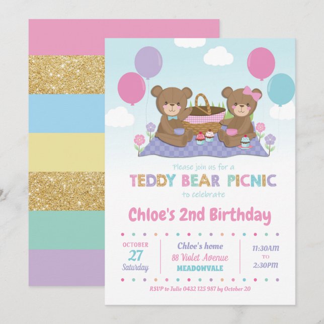 Pique-nique de l'ours Teddy Invitations Fille (Devant / Derrière)