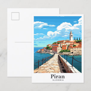 Piran Slovenia Art Vintage Travel Illustration Postcard