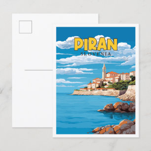 Piran Slovenia vintage travel illustration Postcard