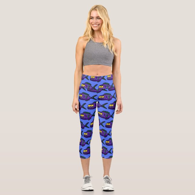 Piranha fish cartoon capri leggings (Front)