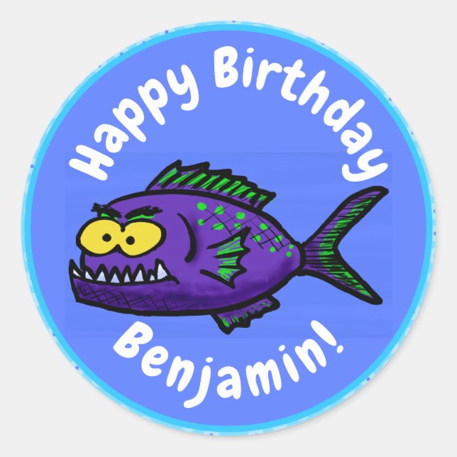 Piranha fish cartoon classic round sticker (Front)