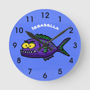 Piranha fish cartoon round clock