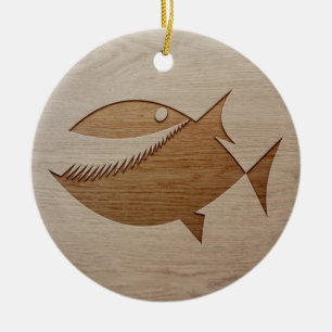 Piranha silhouette engraved on wood design ceramic ornament