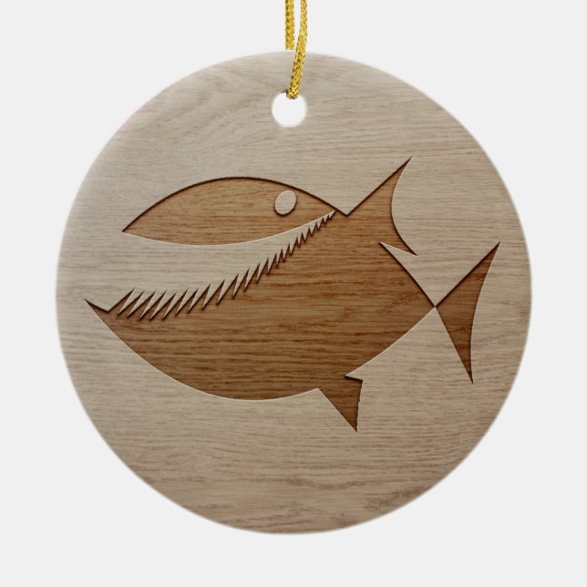 Piranha silhouette engraved on wood design ceramic ornament (Front)
