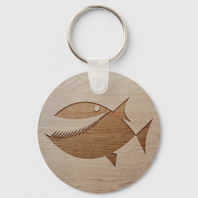 Piranha silhouette engraved on wood design keychain (Front)