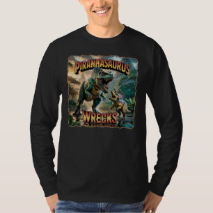 Piranhasaurus Wrecks Illustration – Funny Scary T-Shirt