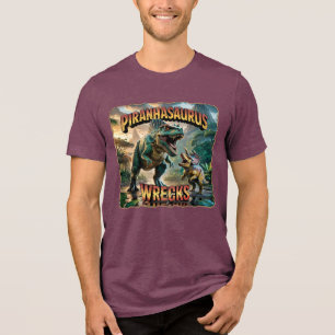 Piranhasaurus Wrecks Illustration – Funny Scary Tri-Blend Shirt