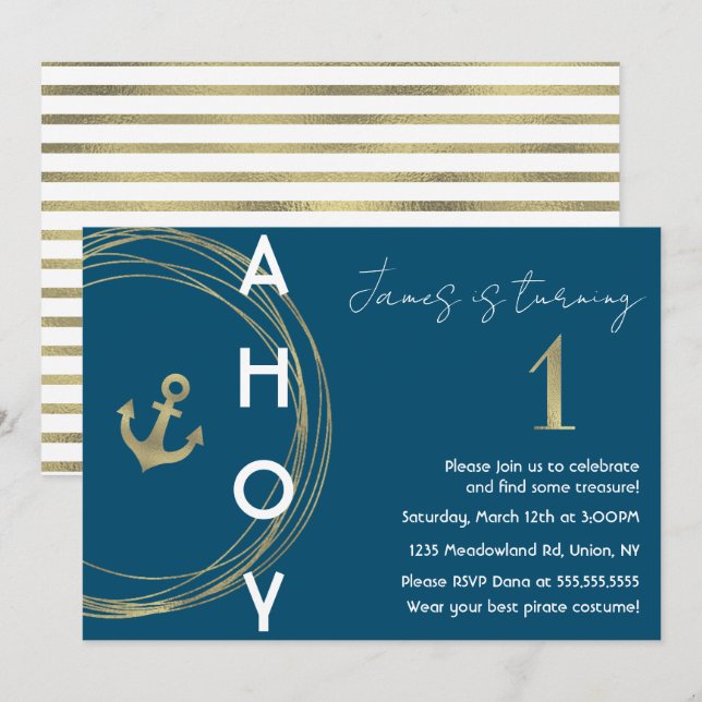 Pirate 1st Birthday Faux Gold Anchor Nautical  Invitation (Front/Back)