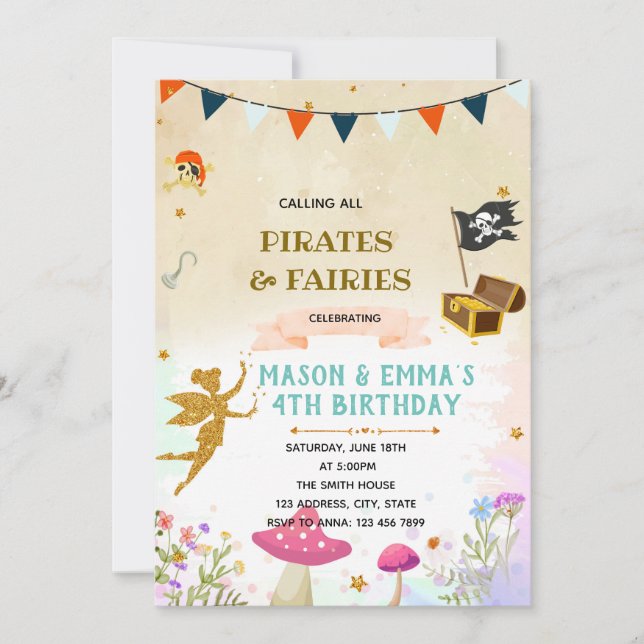 Pirate and fairy joint birthday invitation (Front)