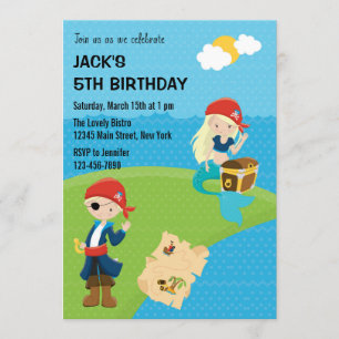 Pirate and Mermaid Birthday Invitation Blue
