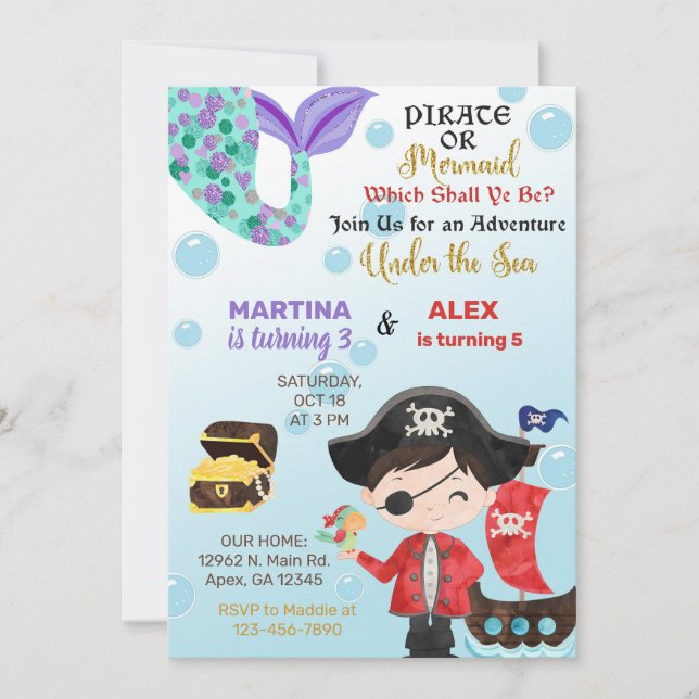 Pirate and Mermaid siblings birthday invite. Invit Invitation (Front)