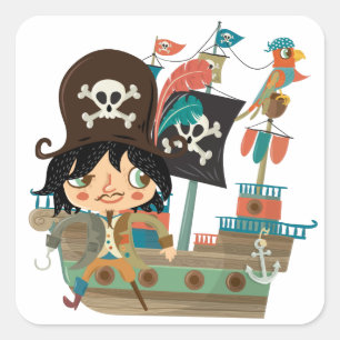 Pirate and Pirate Ship Square Sticker