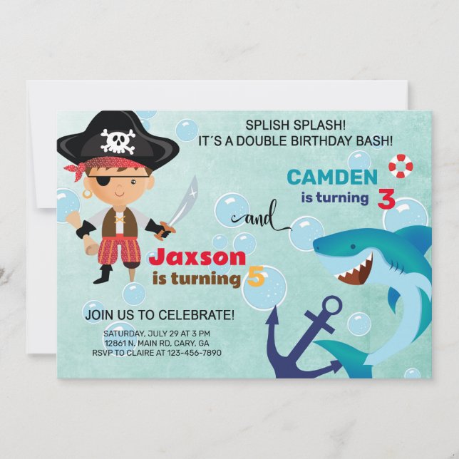 Pirate and shark siblings invitation. invitation (Front)