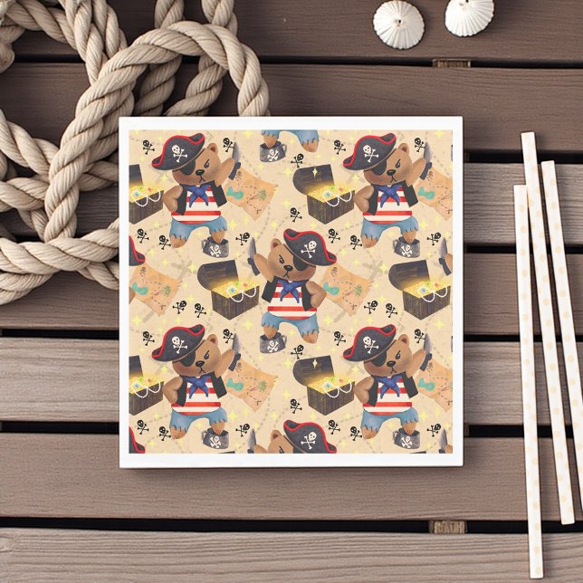 Pirate bear napkin (Adorable pirate bear napkin with maps and treasure chests, perfect for kids’ pirate party fun.)