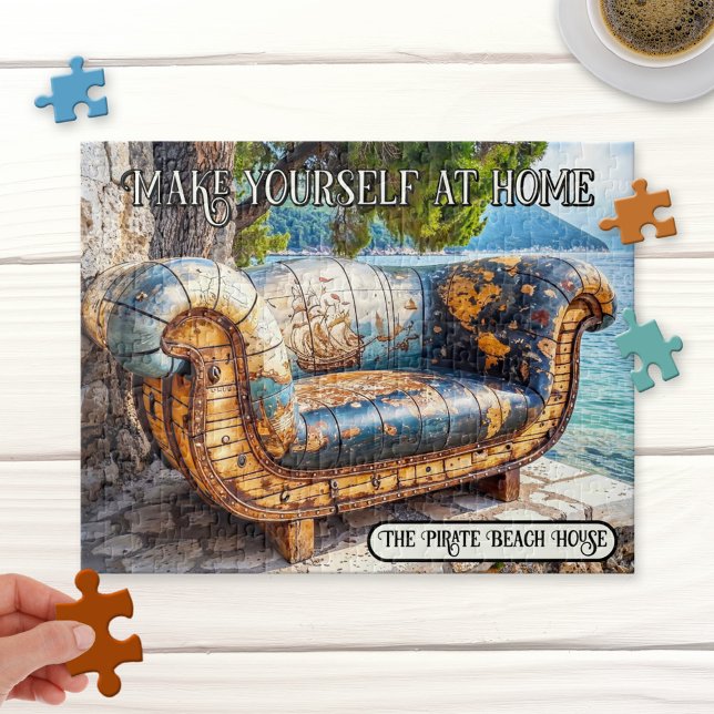 Pirate Bench at the Beach Puzzle (Puzzle featuring a whimsical illustration of a retro artistic bench with a world map on the beach)