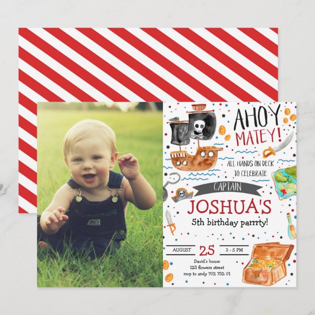 Pirate Birthday Ahoy Pirate Boy Party with Photo Invitation (Front/Back)
