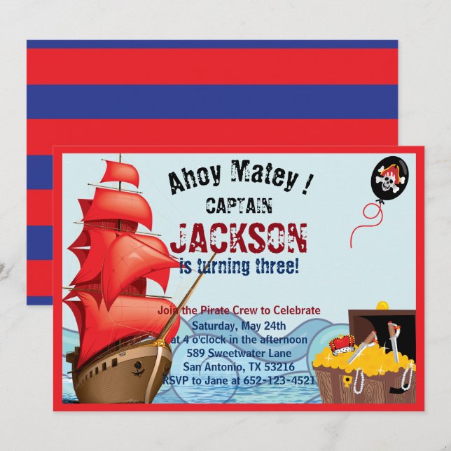 Pirate Birthday Party Invitation Boat stripes (Front/Back)