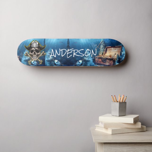 Pirate Blue Skull & Cross Swords Personalized   Sk Skateboard (Wall Art (Horz))