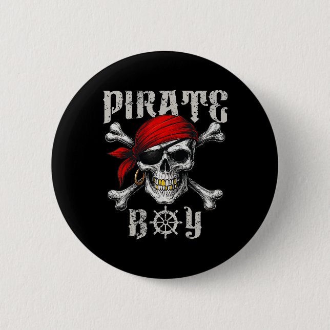 Pirate Boy Jolly Roger Flag And Skull Crossbones H 2 Inch Round Button (Front)