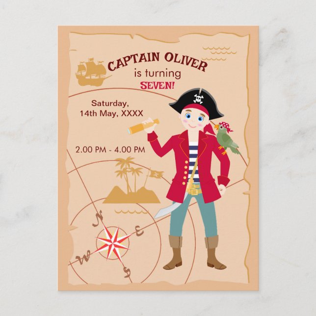 Pirate Boy Treasure Map Fun Birthday Party Invitation Postcard (Front)