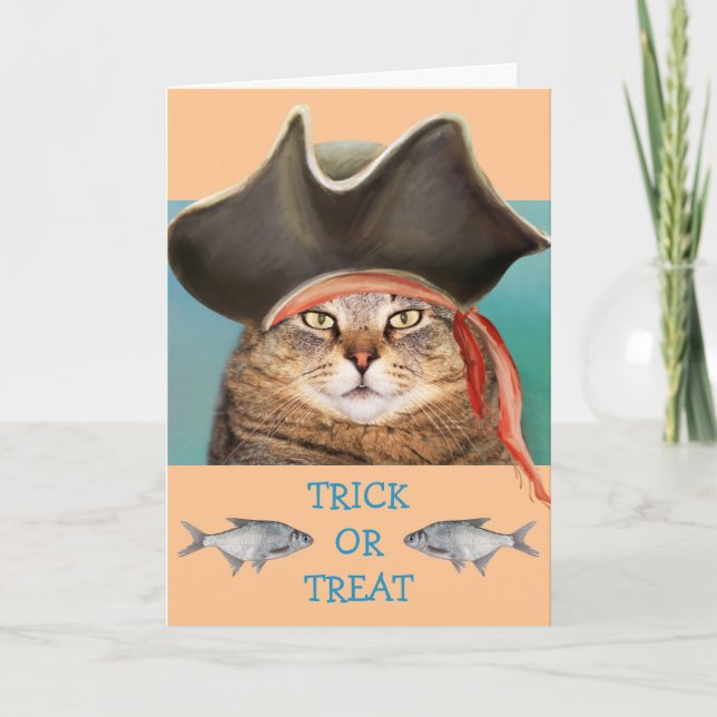 Pirate Cat And Fish Halloween Card (Front)