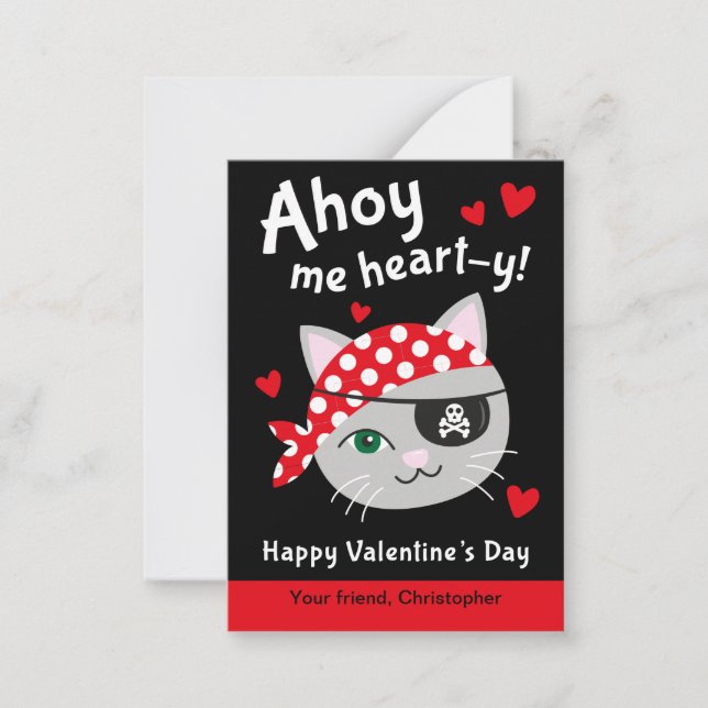 Pirate Cat Classroom Valentine Cards for Kids (Front)