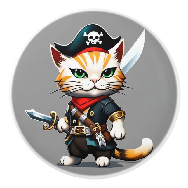 Pirate Cat, Kid's furniture, bedroom Ceramic Knob (Front)