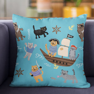 Pirate Cat Pattern for Boy and Girl Kids Throw Pillow
