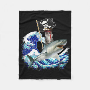 Pirate Cat Riding Shark Surfing Japanese Wave Cat Fleece Blanket