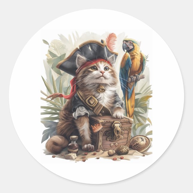 Pirate Cat Treasure Classic Round Sticker (Front)