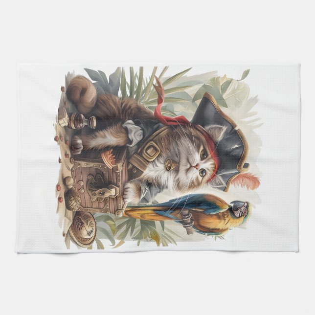 Pirate Cat Treasure Kitchen Towel (Horizontal)