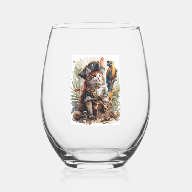 Pirate Cat Treasure Stemless Wine Glass (Front)