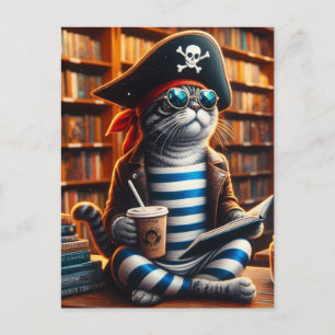 Pirate Cat with Coffee Postcard