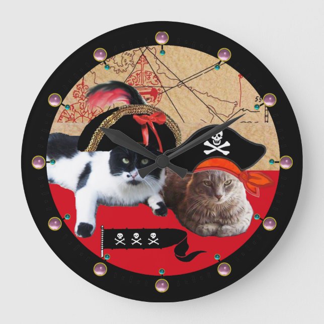 PIRATE CATS AND ANTIQUE PIRATE TREASURE MAPS LARGE CLOCK (Front)