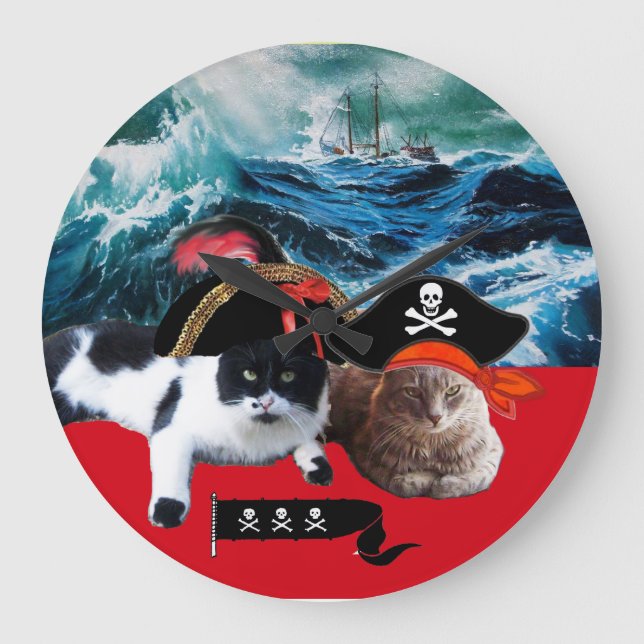 PIRATE CATS AND SHIP IN THE SEA STORM, Nautical Large Clock (Front)