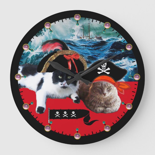 PIRATE CATS AND SHIP IN THE SEA STORM, Pink Gems Large Clock (Front)