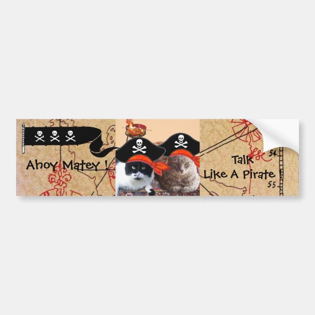 PIRATE CATS ANTIQUE PIRATES TREASURE MAPS AND FLAG BUMPER STICKER (Front)