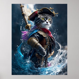 Pirate Cat's Watery Adventure - 8K Photorealistic  Poster