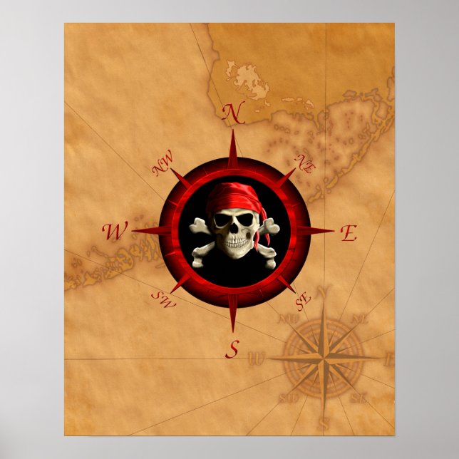 Pirate Compass Rose And Map Poster (Front)