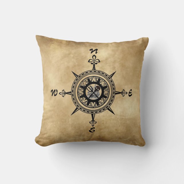 Pirate Compass Rose with Ship Throw Pillow (Front)