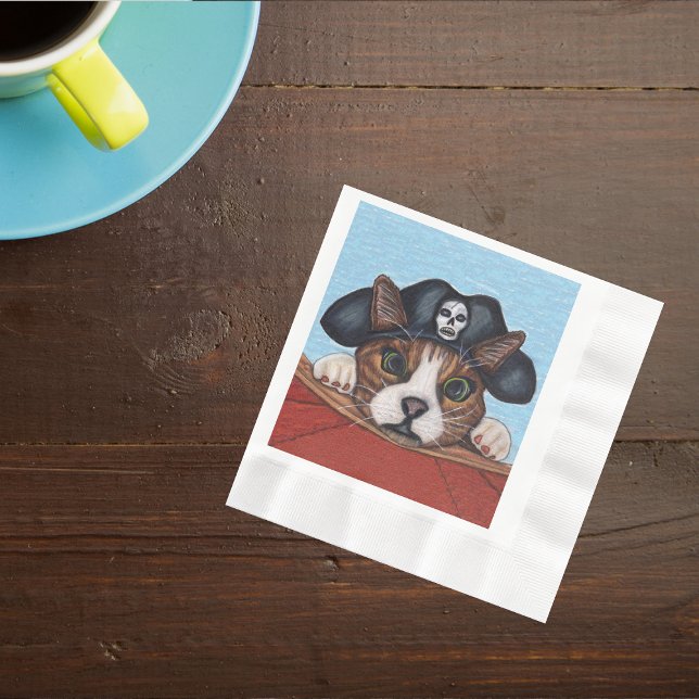 Pirate Cute Surprised Brown Striped Cat Napkin (Cute cat wearing black pirate hat on edgeof red boat blue sky on napkins.)